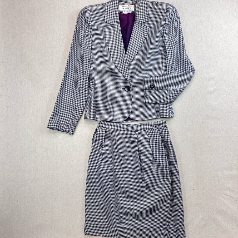 Vintage Christian Dior Petites Blazer Skirt Suit Houndstooth Size 6 Excellent